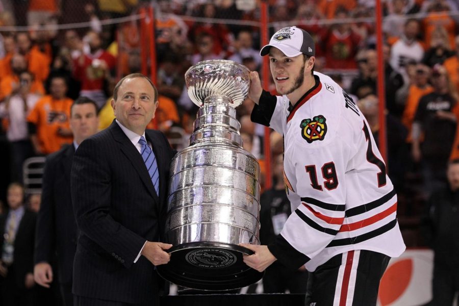 Jonathan Toews celebrating the Chicago Blackhawks 2010 Stanley Cup win.