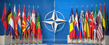 Flags of the countries that are members of NATO are displayed surrounding the alliance symbol. 