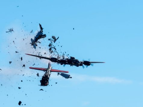 An image taken of the moment of impact between the B-17 Flying Fortress Heavy Bomber and Bell P-63 Kingcobra fighter plane during the annual airshow at Dallas Executive Airport in Dallas.