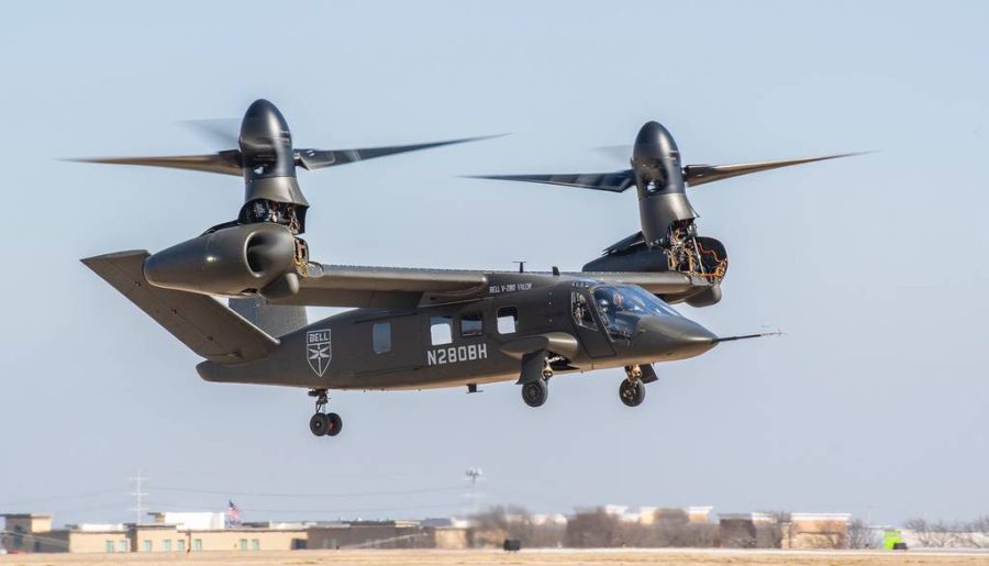 A Bell V-280 Valor tilt-rotor aircraft undergoing final performance tests with the U.S. Armys Joint Multi-Role technology demonstration program.
