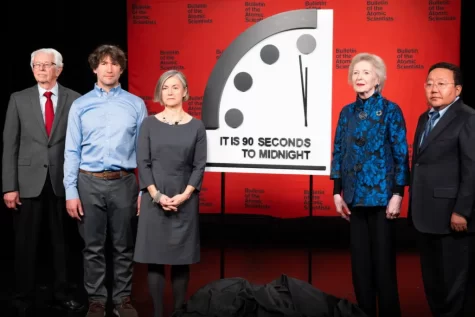 The doomsday clock at 90 seconds to midnight.
