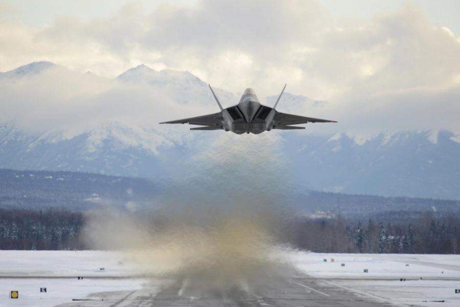 A U.S. Air Force F-22 Raptor assigned to the Third Fighter Wing flies over Joint Base Elmendorf-Richardson in Alaska 
 in 2018. The same type of airplane was used to neutralize a Chinese balloon flying over U.S. airspace in February 2023. 