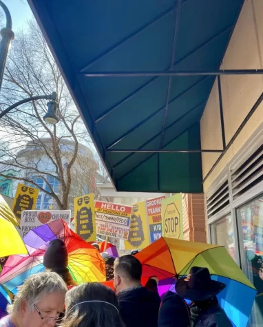 Volunteer group Parasol Patrol blocks the action with their rainbow umbrellas.