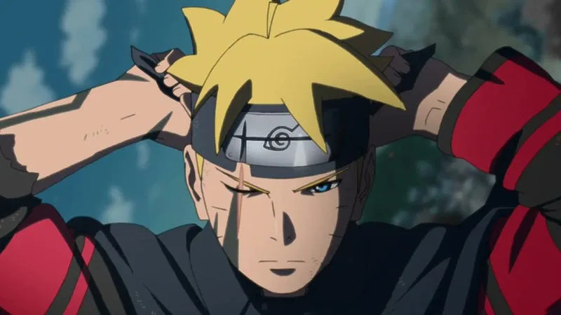 Boruto, the main character of the series, fastens his headband prior to participating in a battle. 