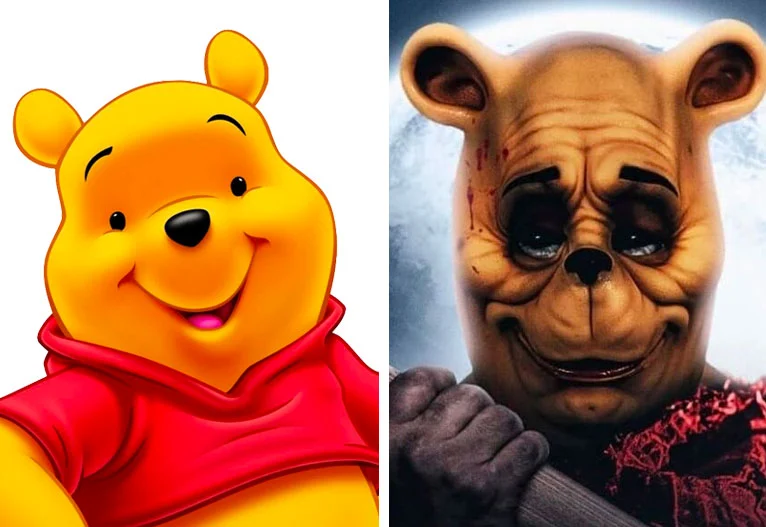 Winnie The Pooh from the cartoon compared to the nightmarish, horrific movie.